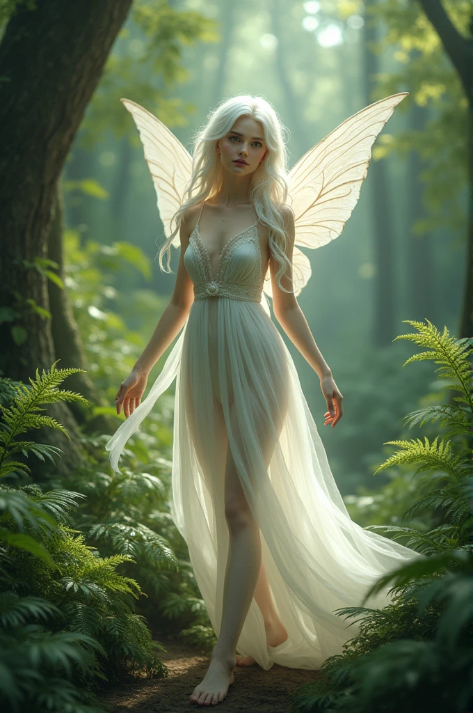 Realistic : White woman, fairy dress, nature, green, beautiful, natural background 