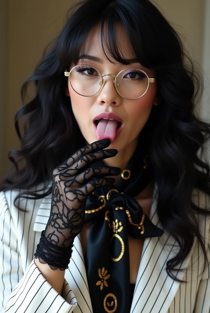 With long, curly black hair、Heavy makeup and purple eyeshadow、Dark eyeliner、Around her neck she wears a ribbon-shaped satin black and gold chain patterned scarf.、Wearing gold-rimmed glasses、Wearing long gloves made of black rose lace、A Japanese woman in her 40s wearing a striped white suit is licking her fingers obscenely with her tongue