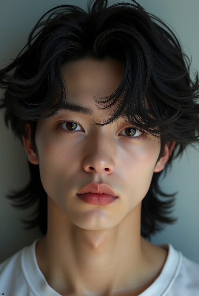 Best Quality, 8K, Masterpiece: 1.3)), Focus: 1.2, Perfect Body: 1.4, handsome: 1.2, (mullet Haircut: 1.2)), Highly Detailed Face and Skin Texture, close up, Delicate Eyes, Double Eyelids, Whitened Skin, black Hair, (Round Face: 1.5), ( t-shirt: 1.6)