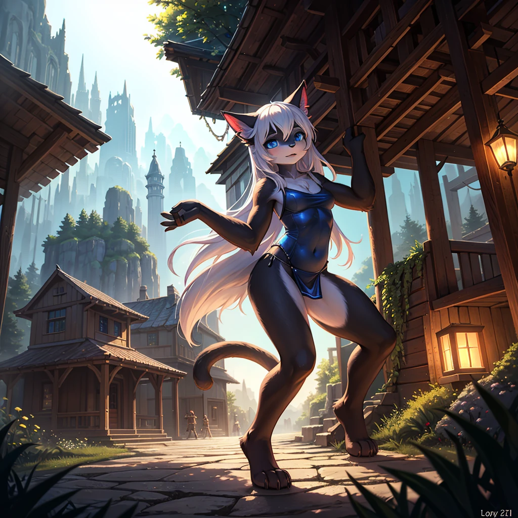 a beautiful catgirl in a swimsuit, 3girl, long white hair, blue eyes, black cat, loincloth, detailed facial features, detailed clothing, detailed environment, hyper detailed, masterpiece, cinematic lighting, highly detailed, photorealistic, full body shot, dynamic pose, fantasy, mythical creature, natural setting, outdoor scene, vibrant colors, dramatic lighting