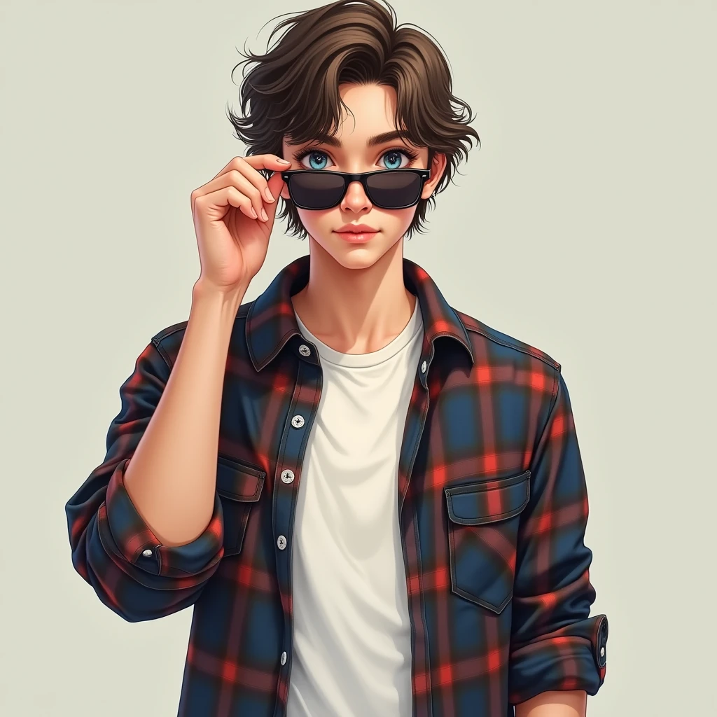 A cool ager tall guy wearing flannel shirt layered with white tshirt with blue eyes and medium hairs, looking at viewer putting off his sunglasses portrait.