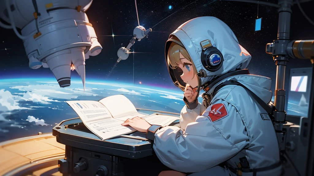 Girl writing a blog in outer space