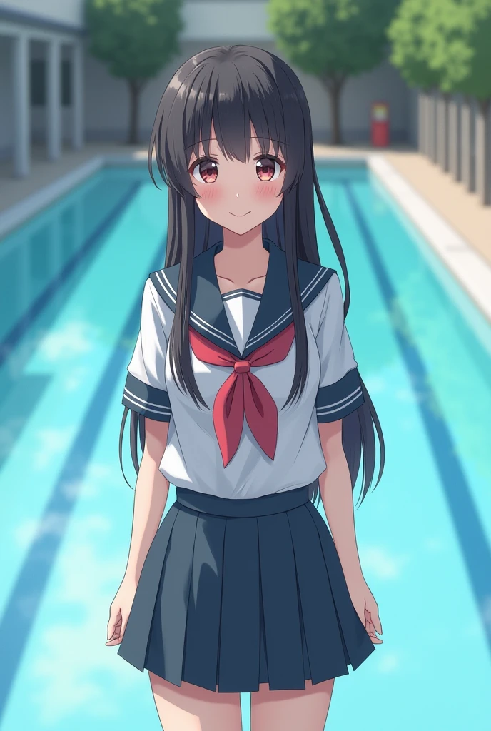 Standing by the pool at an empty school、Long black hair、mini skirt、Cute Face、Smiling、Full body portrait
