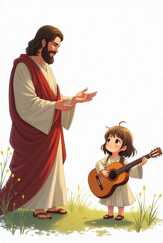 (A girl anime playing guitar for jesus & jesus watching her happily)( with a white background)in the park