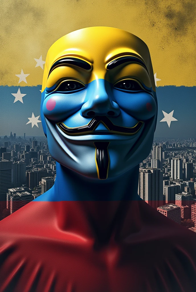 The city of Caracas a flag of Venezuela and an anonymous mask saying freedom 