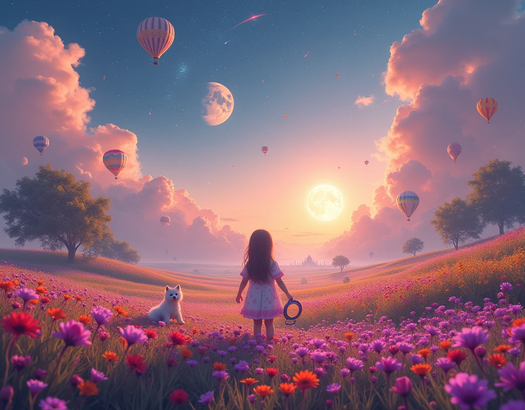 Vast landscape photography , (A view from Top, floating clouds above and the North Indian wide fields below), (A girl standing in a flower field looking up, she is holding an Astronaut Mask: 3:9), surrounded by colorful hot air balloons, (Elephant flying with butterfly wings: 2.2), (Cotton Candy Seller: 2.8), (A small cute Pet Dog walking with the girl: 2.8), (full fantasy glowing Moon:2.2), (Taj Mahal:2.1), (Amusement park: 3.8), (Shooting star:0.9), (nebula:1.3), Distant Mountain, Tree break Production Art, (Warm light source:1.2), (fire Fly:1.2), lamp, Lots of purple and orange, Intricate details, Volumetric lighting, Realism Break (masterpiece:1.2), (highest quality), 4K, Super detailed, (Dynamic configuration:1.4), Very detailed, Colorful details,( Rainbow-colored:1.2), (Shining Lights, Atmospheric lighting), dream-like, Magic, (alone:1.2), Detailed girl smiling face