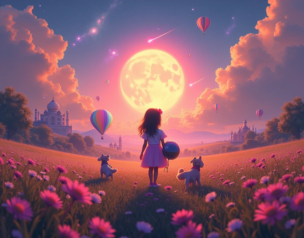 Vast landscape photography , (A view from Top, floating clouds above and the North Indian wide fields below), (A girl standing in a flower field looking up, she is holding an Astronaut Mask: 3:9), surrounded by colorful hot air balloons, (Elephant flying with butterfly wings: 2.2), (Cotton Candy Seller: 2.8), (A small cute Pet Dog walking with the girl: 2.8), (full fantasy glowing Moon:2.2), (Taj Mahal:2.1), (Amusement park: 3.8), (Shooting star:0.9), (nebula:1.3), Distant Mountain, Tree break Production Art, (Warm light source:1.2), (fire Fly:1.2), lamp, Lots of purple and orange, Intricate details, Volumetric lighting, Realism Break (masterpiece:1.2), (highest quality), 4K, Super detailed, (Dynamic configuration:1.4), Very detailed, Colorful details,( Rainbow-colored:1.2), (Shining Lights, Atmospheric lighting), dream-like, Magic, (alone:1.2), Detailed girl smiling face