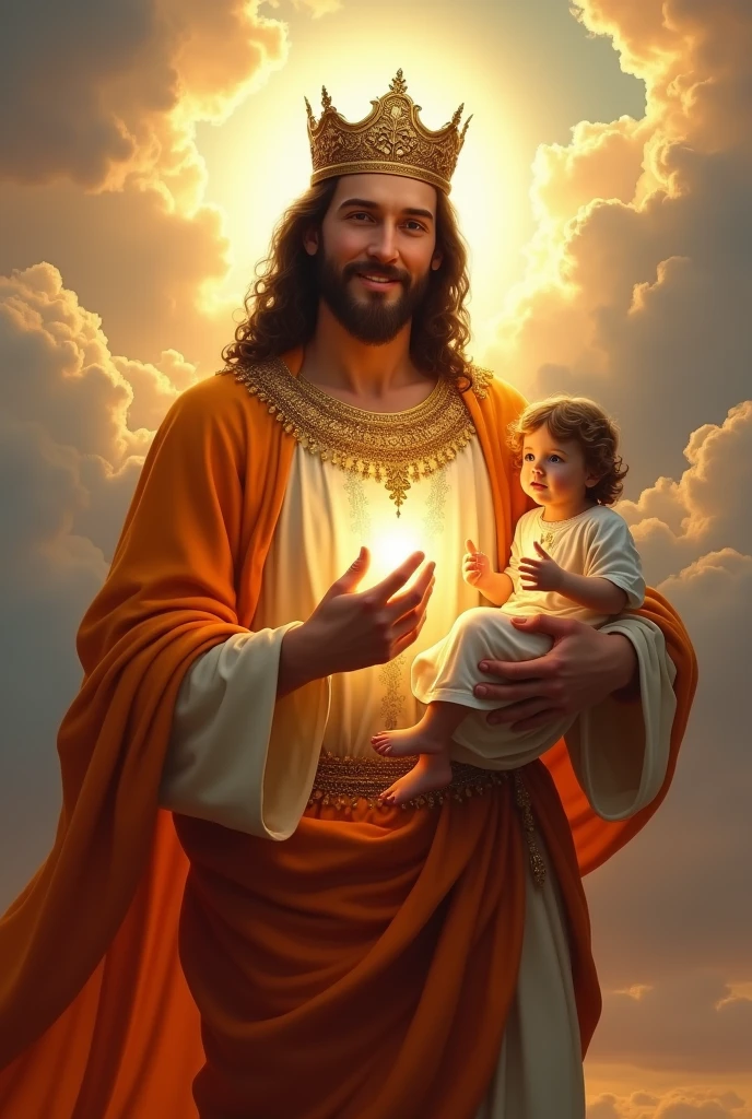 (photorealism:1.2), handsome Jesus Christ, carrying  Jesus, wearing orange king clothes and crown with  light in his head and heart spreading all over in the clouds, perfect Jesus Christ, real Jesus Christ, perfect five hands, perfect smiling face, elegant, soft lighting, many clouds, stand straight, realistic, intricate details, warm colors, by Earl Cornelio Necor