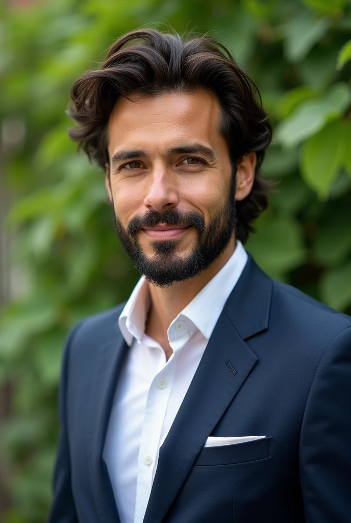 Brazilian businessman, beautiful hair, Suit, well-groomed beard, nice eyes, health up to date, greenery background