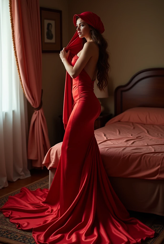 An alluring woman shrouded in a 4-meter-long, plush red satin cloth, tightly bound and grandly draping along the form of her body, flowing off into a pooled floor-length train, styled in a mermaid-inspired outfit, half naked, leg and arm tied with satin cloth, wear high heels, her head modestly veiled in a satin hijab, shiny fabric, a full-body pose conveying a sense of mysterious elegance, sexy pose in bed room, captured in a 4k resolution, ultra-realistic
