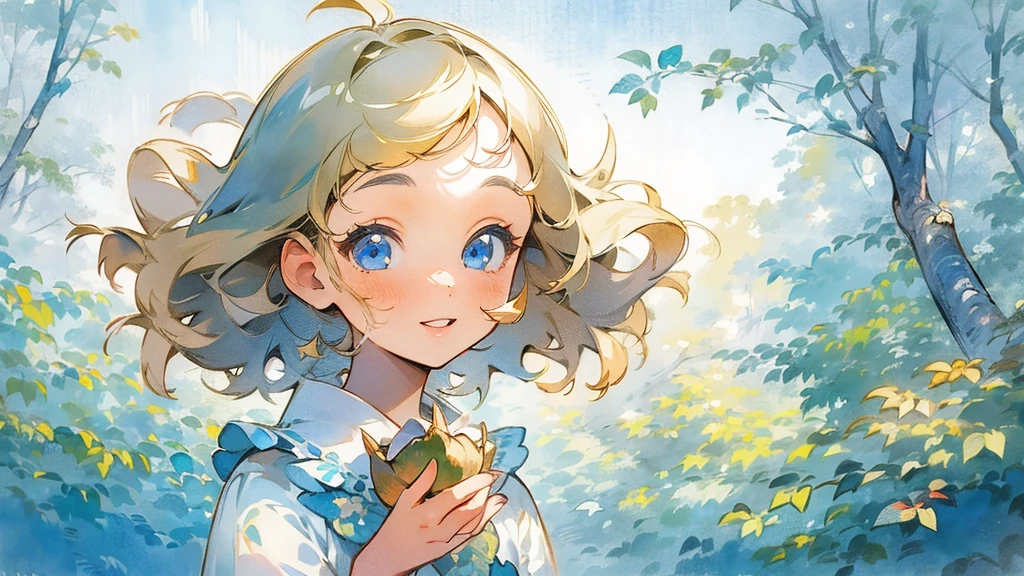 1girl, hold acorn, humanization, blonde hair, blue eyes, dress, forest, leaf, lips, looking at viewer, nature, short hair, solo, traditional media, tree, upper body, watercolor \(medium\), cute, smile