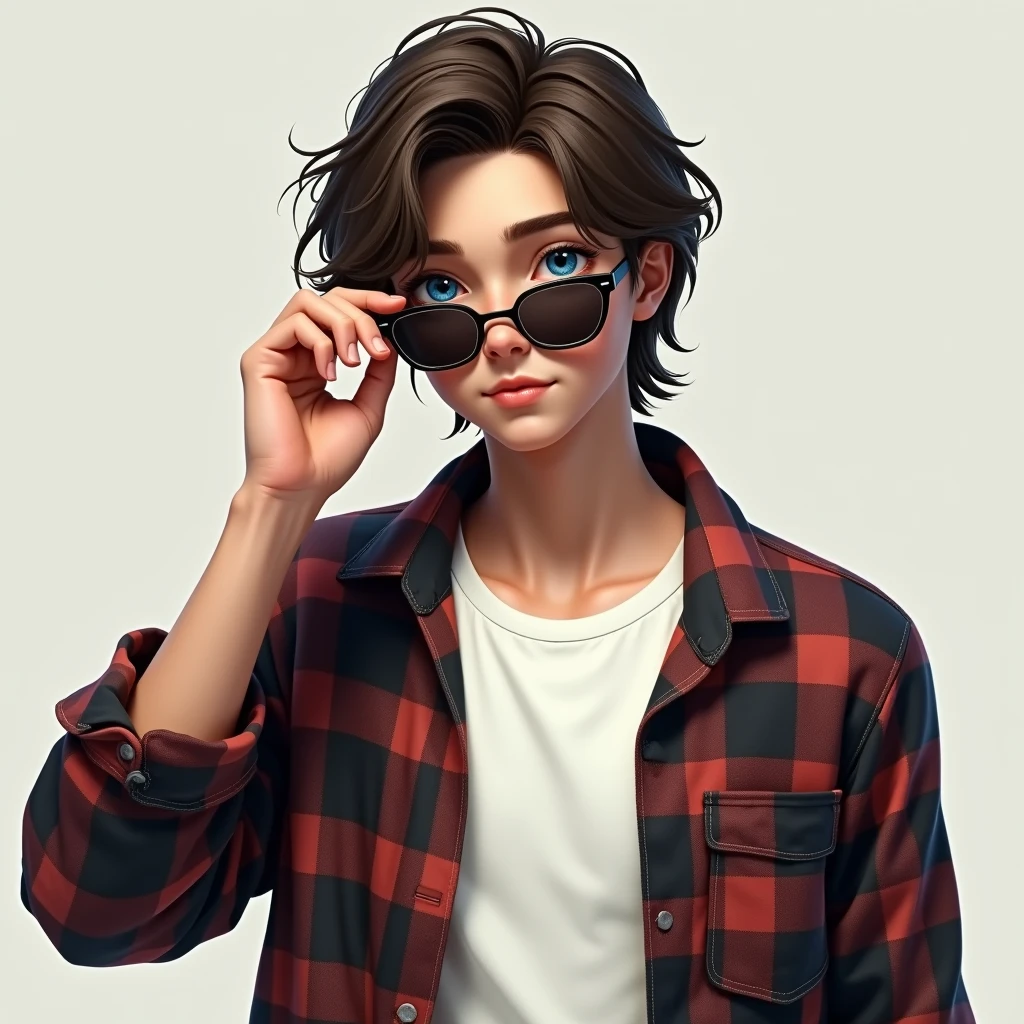 A cool Teenager guy wearing flannel shirt layered with white tshirt with blue eyes and medium hairs, looking at viewer putting off his sunglasses realistic style portrait.