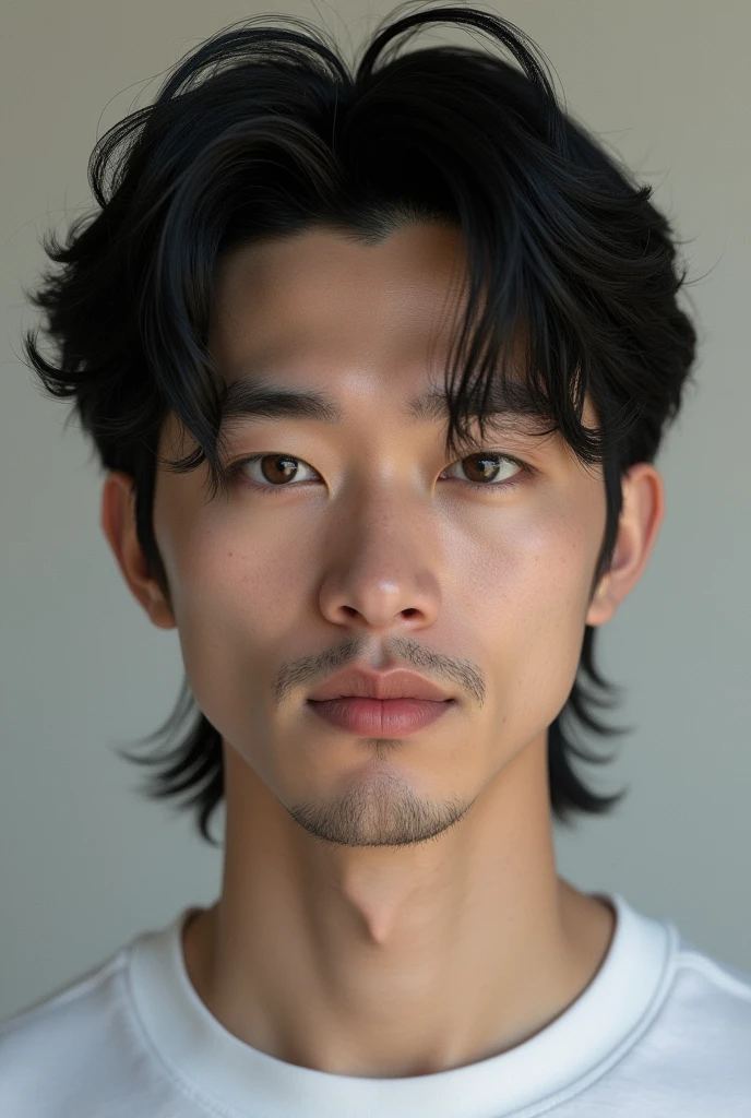 Best Quality, 8K, Masterpiece: 1.3)), Focus: 1.2, Perfect Body: 1.4, handsome: 1.2, (mullet Haircut: 1.2)), Highly Detailed Face and Skin Texture, close up, Delicate Eyes, Double Eyelids, Whitened Skin, black Hair, (Round Face: 1.5), ( t-shirt: 1.6)