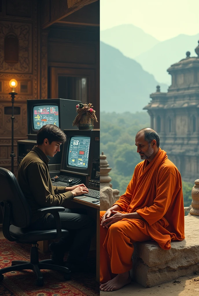 「A split scene showing Steve Jobs working at Atari, with old arcade machines and circuit boards, alongside another scene of him in India, dressed in traditional attire, sitting in meditation near an ancient temple with misty mountains in the background. The contrast between the two environments should be striking, with one side more technical and the other spiritual.」
