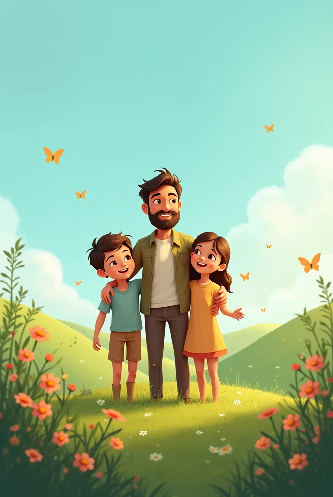 Create a.image of a father with his children in an open space with a background of sky and nature
