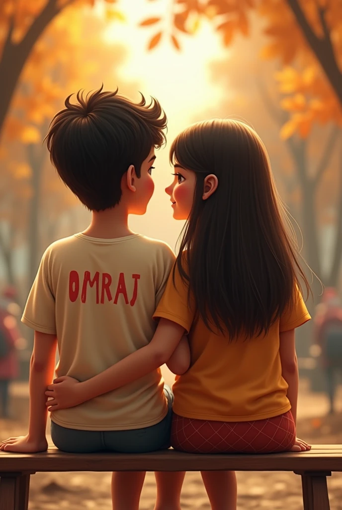 19 years old A handsome boy whose name is OMRAJ written on his shirt. and 18 years old a beautiful girl whose name is GEETA written on his shirt, both are together and looking towards the front. both sitting on the bench