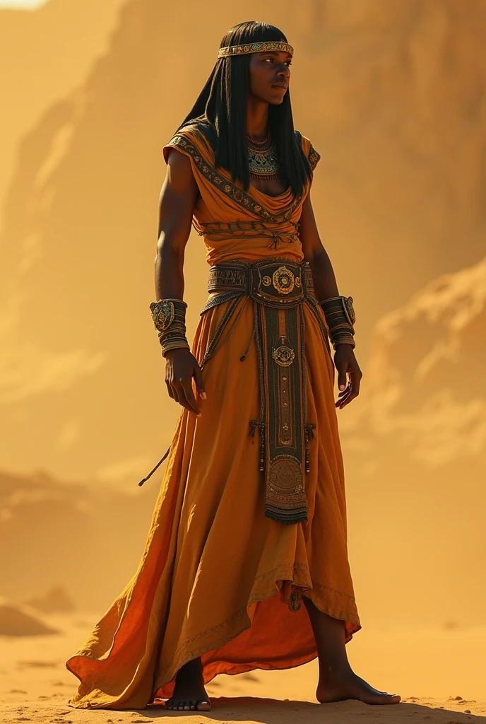 ancient Egyptian civilian in sci-fi setting, minimalism, fully in clothes