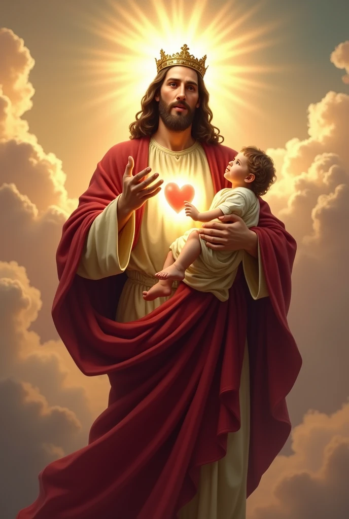 (photorealism:1.2), handsome Jesus Christ, carrying Jesus, wearing maroon king clothes and crown with light in his head and heart spreading all over in the clouds, perfect Jesus Christ, real Jesus Christ, perfect five hands, perfect smiling face, elegant, soft lighting, many clouds, stand straight, realistic, intricate details, warm colors, by Earl Cornelio Necor