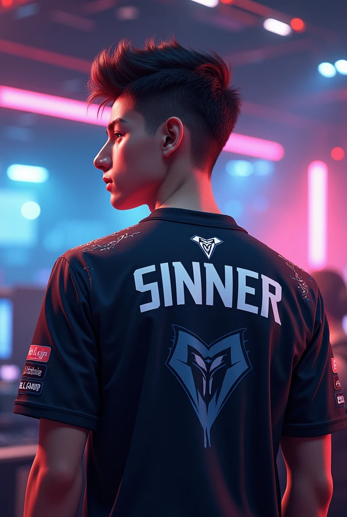 A young man gamer wearing esports jersy, with a name "Sinner" at the back.