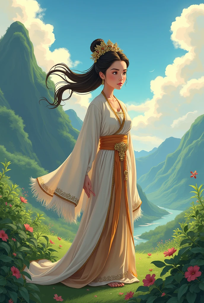 A filipino woman wearing ancient clothes 

make it ghibli like