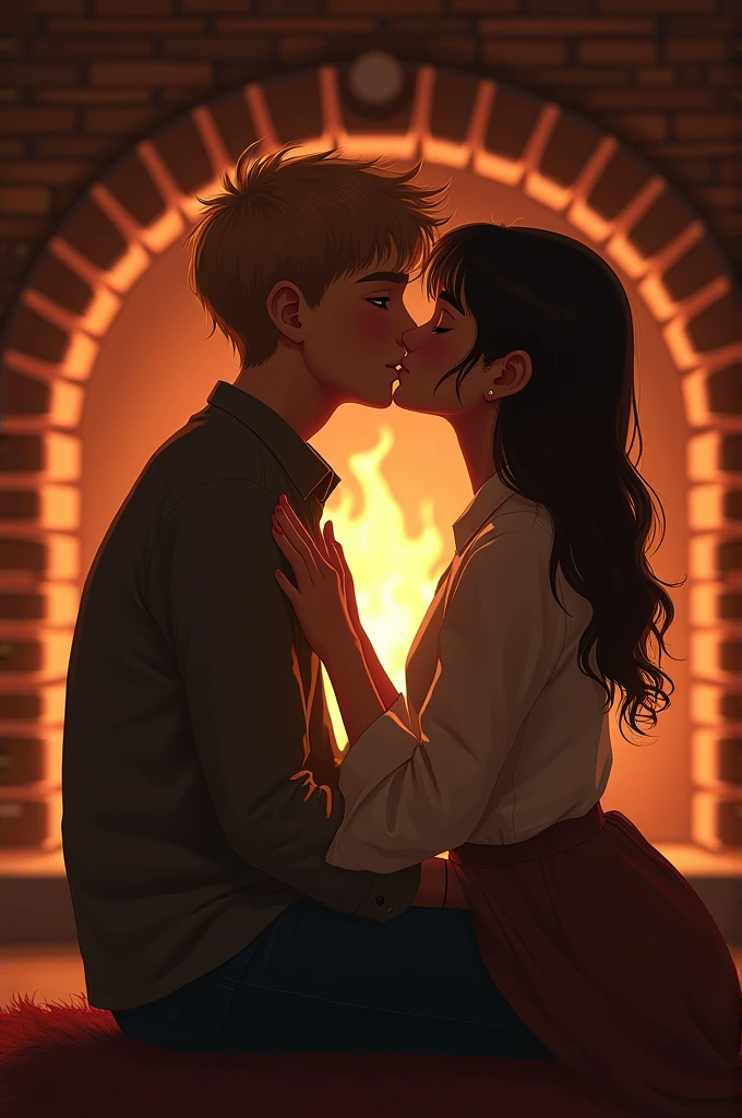 A blonde haired boy and a brunette hairy girl sitting in front of a brick fireplace kissing and hugging for the first time late at night