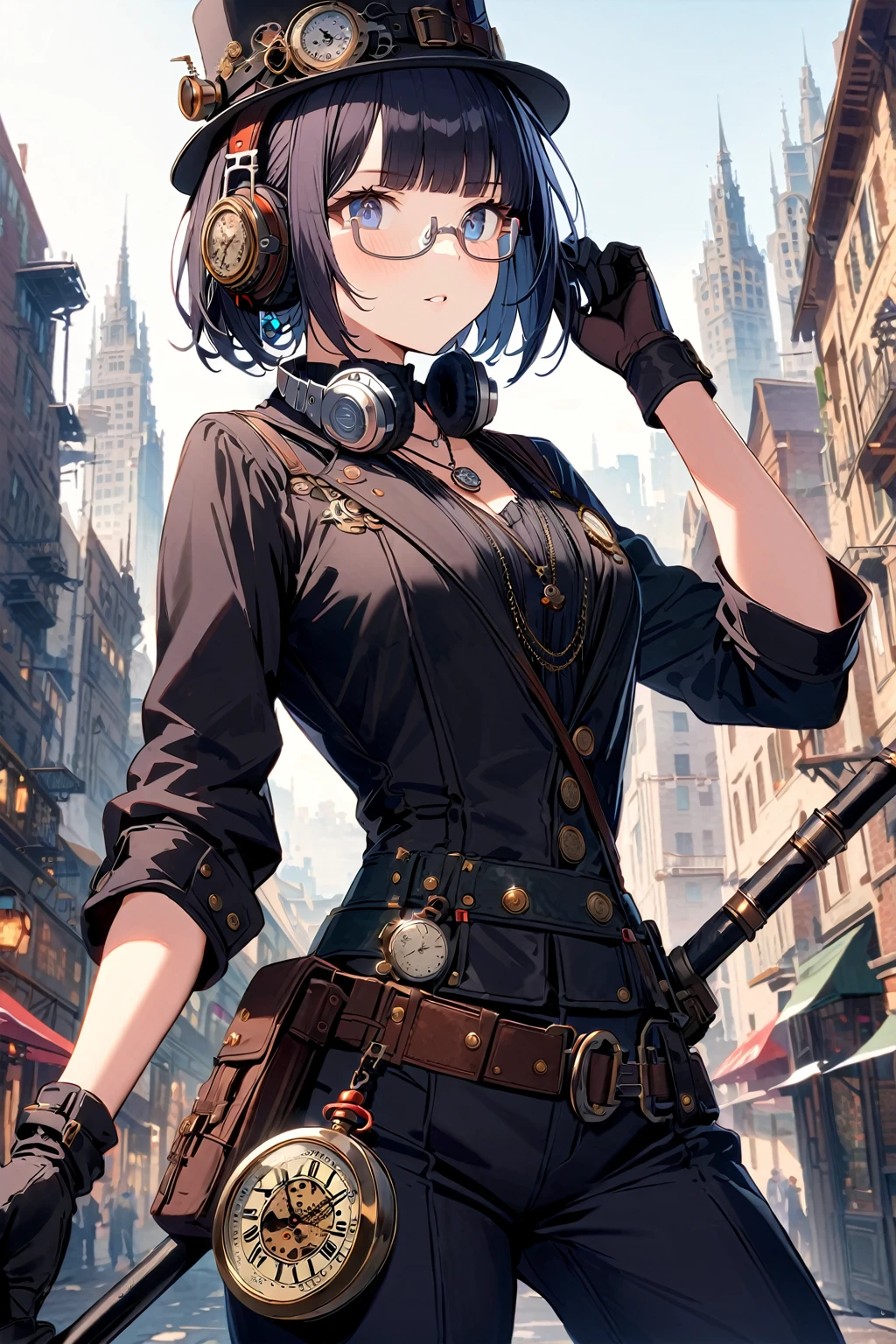 (extremely detailed fine touch:1.3), (((silver semi-rimless eyewear:1.3))), (wear silver headphones around neck:1.0), black short hair, blunt bangs, 1girl, solo, earring, steampunk, black suit, (black silk hat:1.2), black long pants, pocket watch necklace, black gloves, holding black stick, extremely detailed steampunk cityscape,