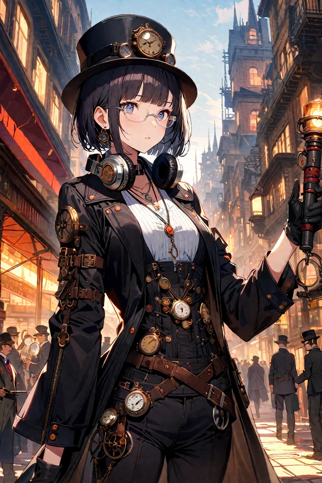 (extremely detailed fine touch:1.3), (((silver semi-rimless eyewear:1.3))), (wear silver headphones around neck:1.0), black short hair, blunt bangs, 1girl, solo, earring, steampunk, black suit, (black silk hat:1.2), black long pants, pocket watch necklace, black gloves, holding black stick, extremely detailed steampunk cityscape, 