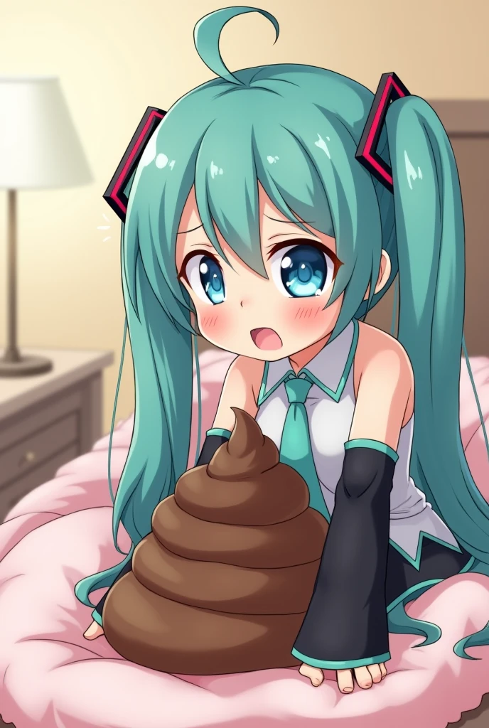 Hatsune Miku, poop, on the bed, Extremely embarrassed expression,