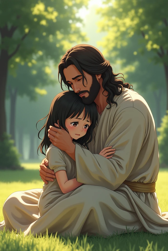 (A girl anime crying and lying on jesus lap )(jesus trying to pamper her)in the park