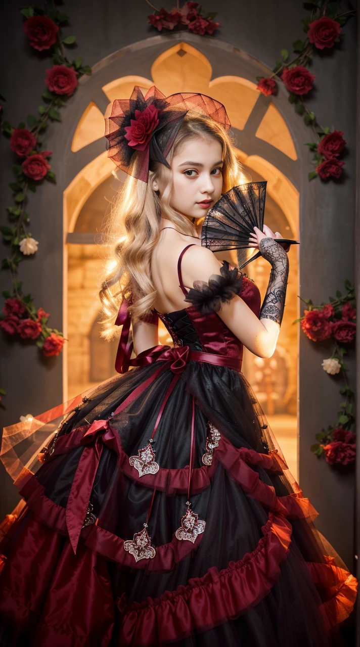a gorgeous 12 year-old girl, dark tulle ball gown, vampire queen, gothic princess, holding a fan, extremely detailed, 4k, perfect face