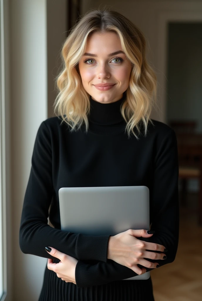 beautiful white-skinned girl, medium-blonde hair, with bright sparkling eyes, shiny skin, beautiful black manicure, beautiful nails, pearl skin, holding a laptop in her hands, in a black sweater and a black long skirt, beautiful detailed fingers, professional photo, 4k, high resolution, high detail, aesthetically pleasing, beautiful, realistic, looking straight ahead