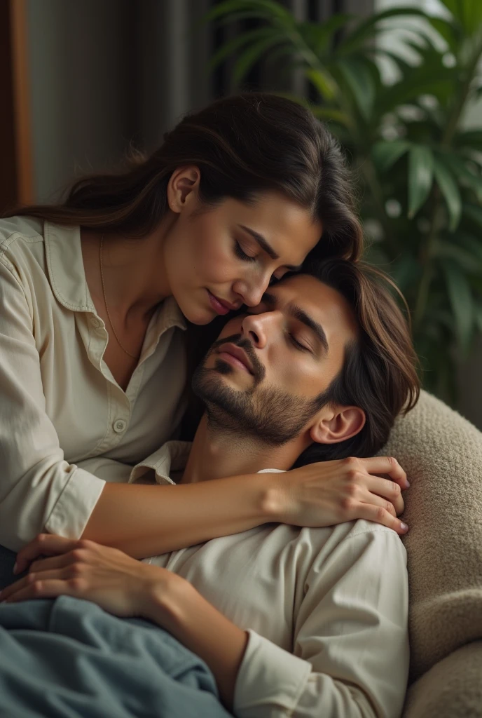 A man was sleeping in his wife's lap