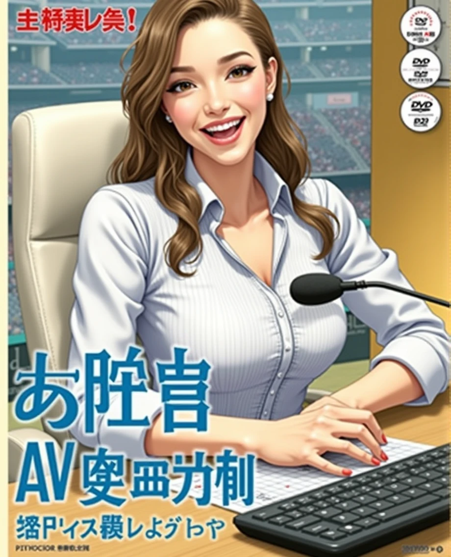 　(((photograph、Realistic)))Woman sitting at a desk in front of a microphone, instagramart, Shinhanga, baseball stadium during a game, bright atmosphere, Tokyo Dome, covered!!, official media, toriyama akira, lightning!! (((photo, Photorealism))), adult video poster layout, text on screen: "female announcer Shocking AV debut!!", big breasted female porn actor, dynamic pose, happy expression, pure beautiful smile, intelligent face, slender curves, large breasts, (((DVD mark, Blu-ray mark))).