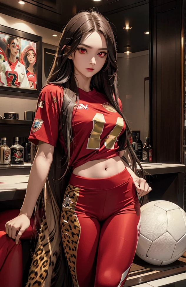 Woman with long hair straight, cheetah skin in shirt, high detailed, realistic, ultra realistic, villain, football t shirt and ((football pant)), full red suit skin shirt, ((red  eyes))