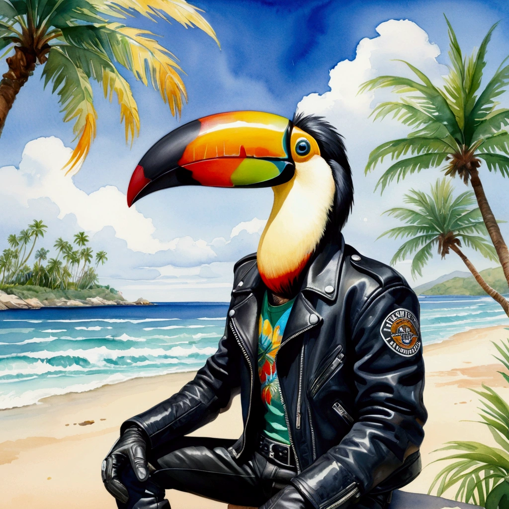 Closeup, Watercolor illustration of an extremely badass anthropomorphic toucan wearing an insanely cool black leather Harley Davidson biker jacket open, tropical shirt, black leather biker gloves, black leather biker pants relaxing on a warm sunny tropical beach, palm trees swaying gently to the left, their verdant fronds contrasting with the deep blue of a cloudless sky, the sea sparkling in shades of emerald under the brilliance of the sun, the overall effect conveying a sense of joy and brightness, paintbrush strokes, highly detailed, ultra clear, natural light.