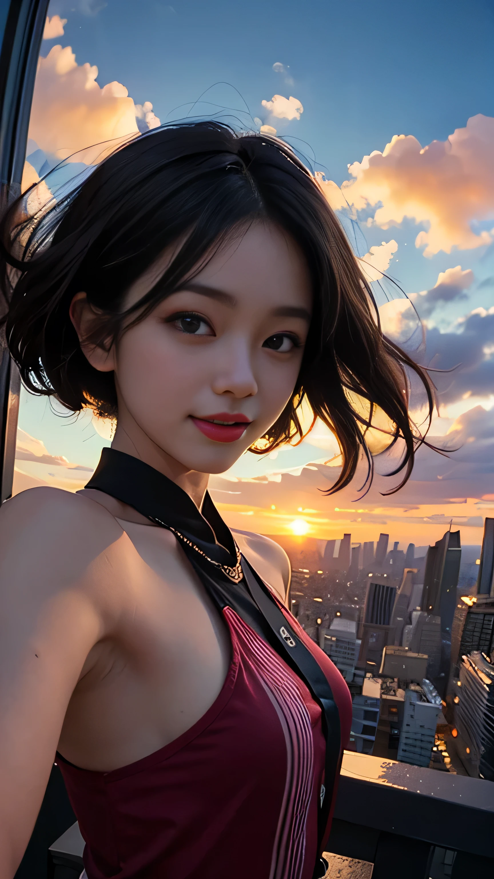 One girl, Korean, Fisheye Lens, Selfie, Wind, Messy Hair, sunset, Cityscape, (Aesthetics and atmosphere:1.2),smile