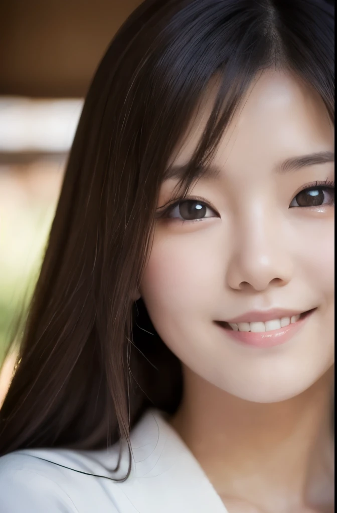 best quality, face focus, soft light, ultra high res, (photorealistic:1.4), RAW photo,(Shinozaki Ai), white skin, kawaii, 1 Japanese girl, solo, cute, (smile), (pupil, lights in the eyes),  detailed beautiful face, Medium-sized breasts,(high resolution detail of human skin texture),(long hair),(portrait), upper body, white traditional kimono