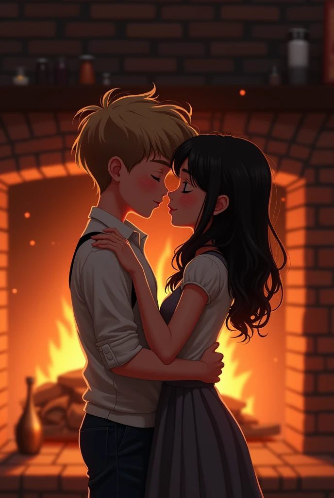 A blonde haired boy and a brunette hairy girl sitting in front of a brick fireplace kissing and hugging for the first time late at night