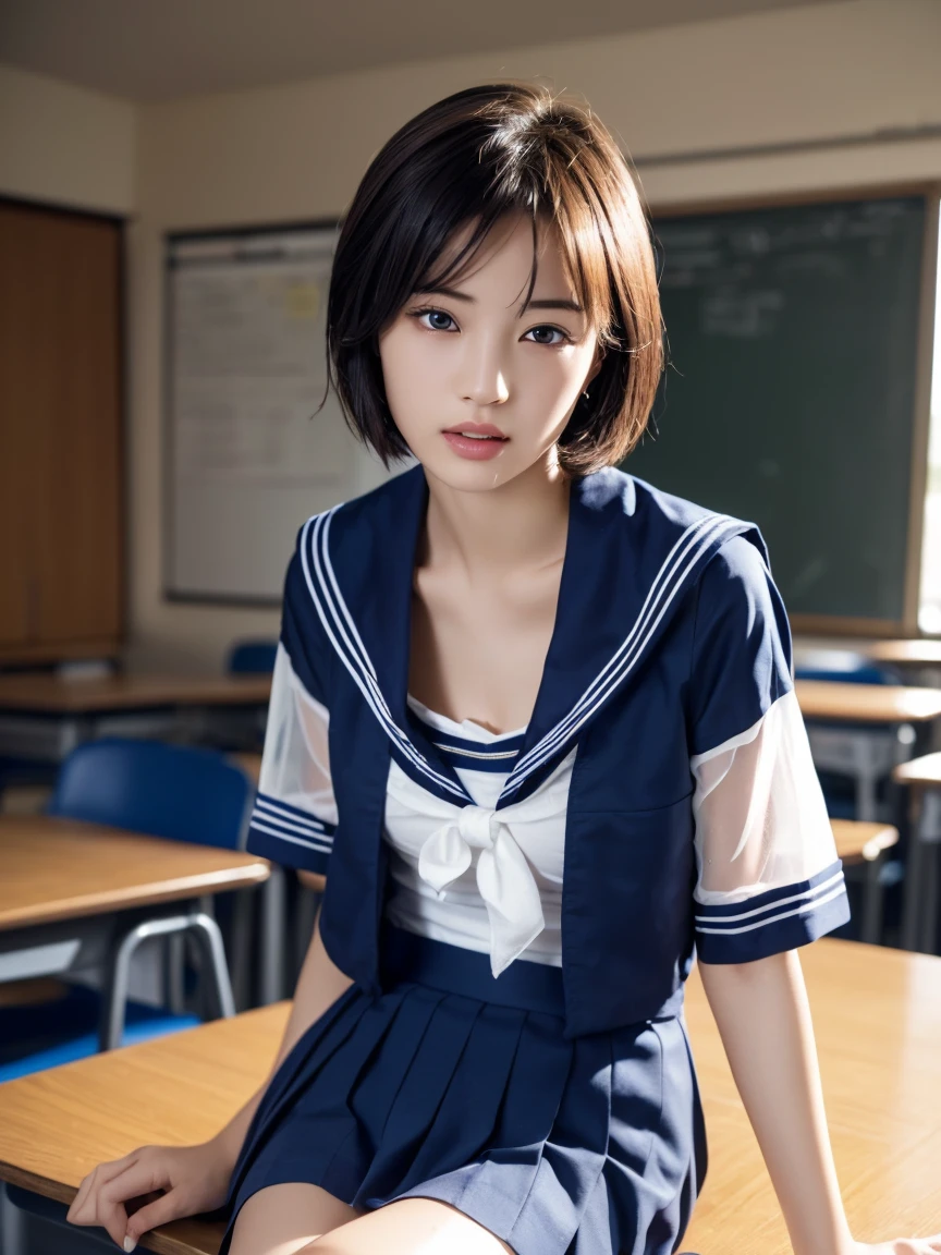 (masterpiece:1.2), Very detailed, Ultra-high resolution, (Realistic, photo Realistic:1.6), High-resolution RAW color photos, Professional photos, Sharp focus:1.2, (Very detailed顔と肌の質感, Very beautiful eyes, Glossのある肌, Glowing Skin, Glowing Skin, Shining Face, Gloss, Oily skin, greasy face, Oily skin, greasy face,),, (real Glossのある肌 texture), Perfect ???????, Very detailed背景,(High school classroom at night),,25-year-old woman, Japanese women,height: 168cm,(short hair, Straight hair, bangs, Brown Hair),((Flat Chest:1.6)),(Slim, thin legs), ((((White Short Sleeve White Sailor School Uni形状、Navy blue pleated skirt:1.5、Sexy bra covered by sailor suit))),Sit at a desk、(((Wet and sheer sailor suit:1.4)))