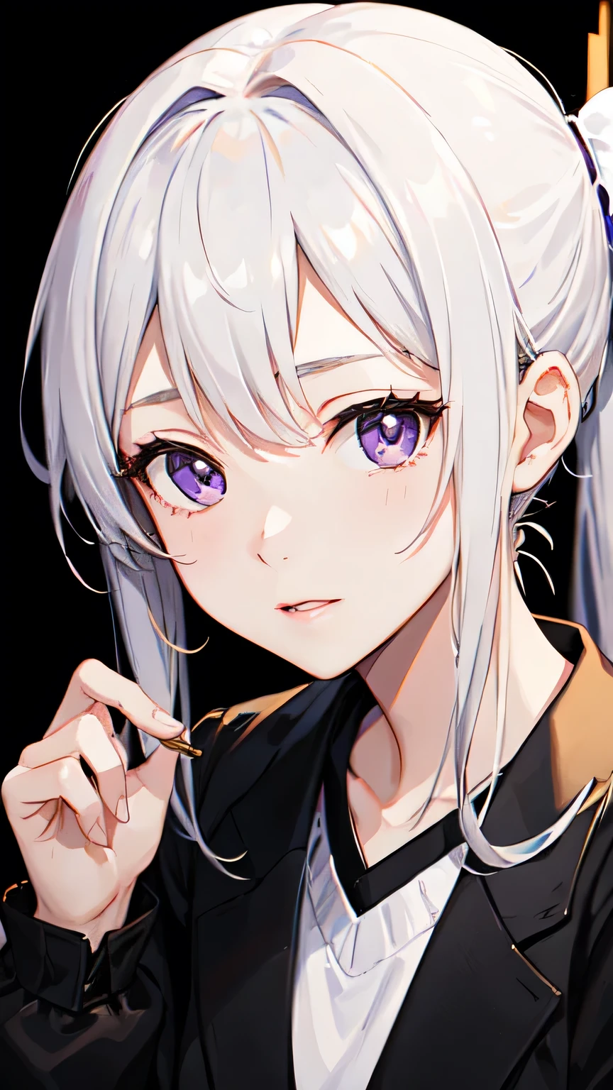 ((Highest quality)), ((masterpiece)), (detailed), One girl,White hair tied in a ponytail、Purple Eyes,A city dyed in the morning glow ,The scenery I saw with you ,Carved in my heart,Love that lasts forever,Almond Eye,Close up of face