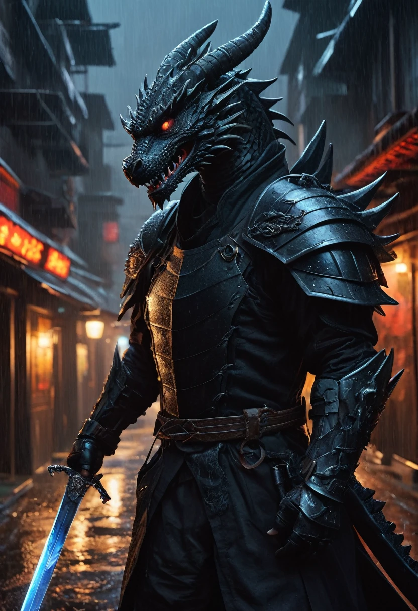 High resolution, high quality, masterpiece.Anthropomorphic dragon in ninja costume, The sword in the sheath on his back., Black Style, Darkness of the alley, cinematic light, Lots of details, Realistic, 4K, cinema, amazing, rain, Neon atmosphere, Abstract Black Oil Painting, gear mecha, Detailed Acrylic, Grunge, intricate complexity, Unreal Engineでレンダリング, photoRealistic Hyperdetalization. Hyperrealism. Dramatic Light. 