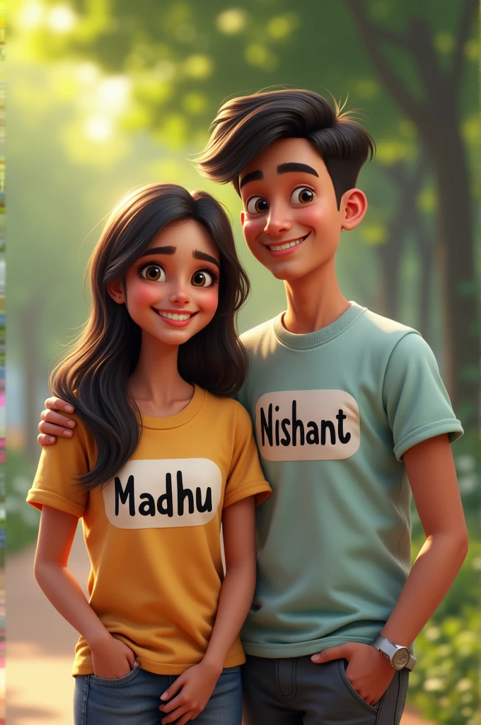 Ek ladke aur ladki ka image banao Jahan ladki ki Tshirt per Madhu aur ladke ke Tshirt per Nishant likha ho