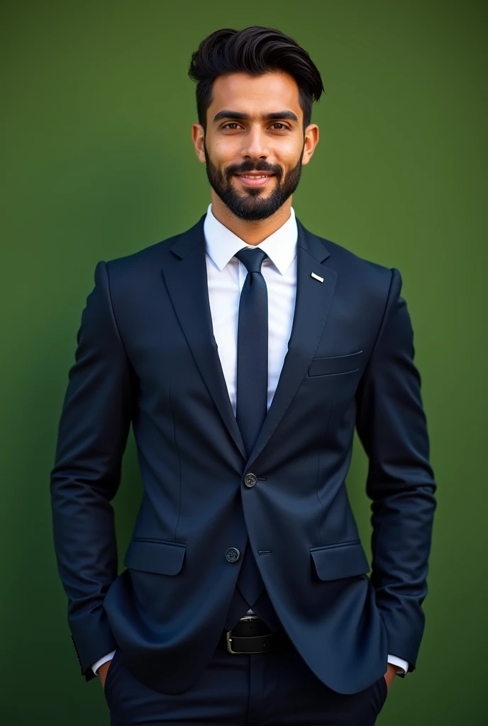 Brazilian businessman, beautiful hair, Suit, well-groomed beard, nice eyes, health up to date, greenery background,  full image up to the abdomen. 