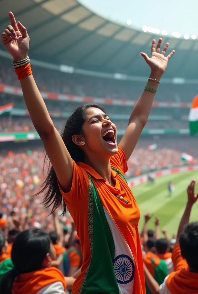 Indian cricket team supporters girl shouting for indian team in a jam packed cricket stadium