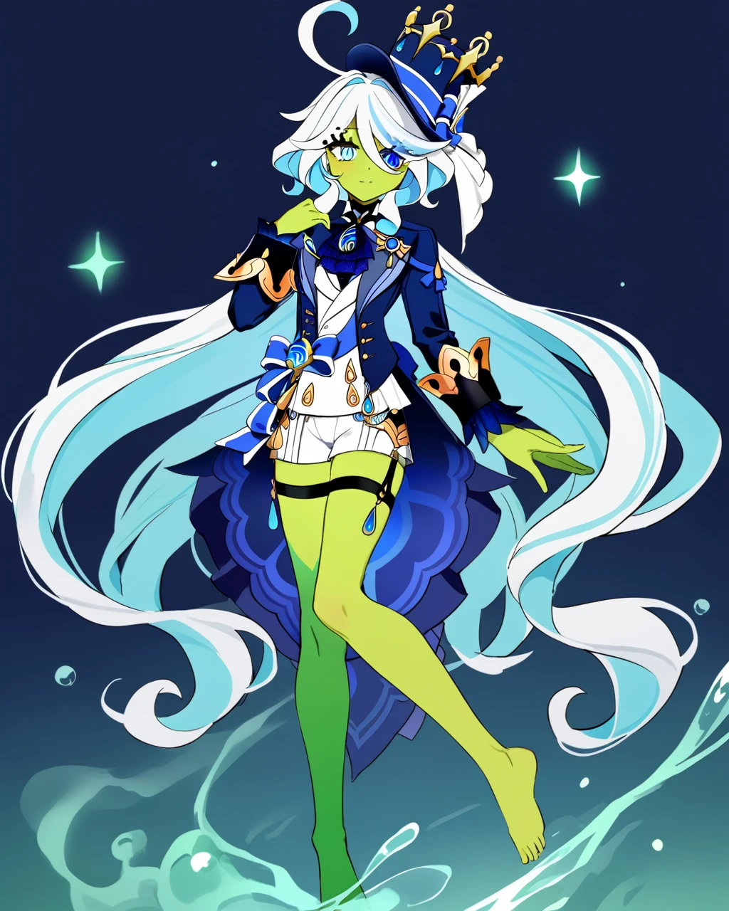 Furina \(genshin impact\), heterochromia,hat,bule hair,Blue eyes,ascot,brooch,t,blue bow,white shorts, thigh strap,one person,Skin of color,Green Skin,Green Skin,Barefoot,Green Skin,whole body,Green Skin,Green Skin,Green Skin,Green Skin,Green Skin,Green Skin,Green Skin,Standing,Green mist