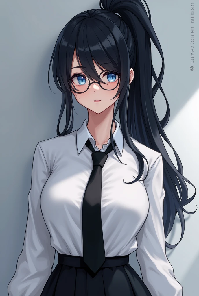 (High quality, 8ก, 4K, high contrast, Masterpiece:1.2, 最High quality, The best aesthetics ), beauty, very detailed, Sexy and erotic girls, (big breasts, long black hair , High ponytail , My face covers one eye. , blue eyes ) , Girl 1 , white shirt , black skirt , Black tie , Wear round glasses , Height 166 , Gentle face