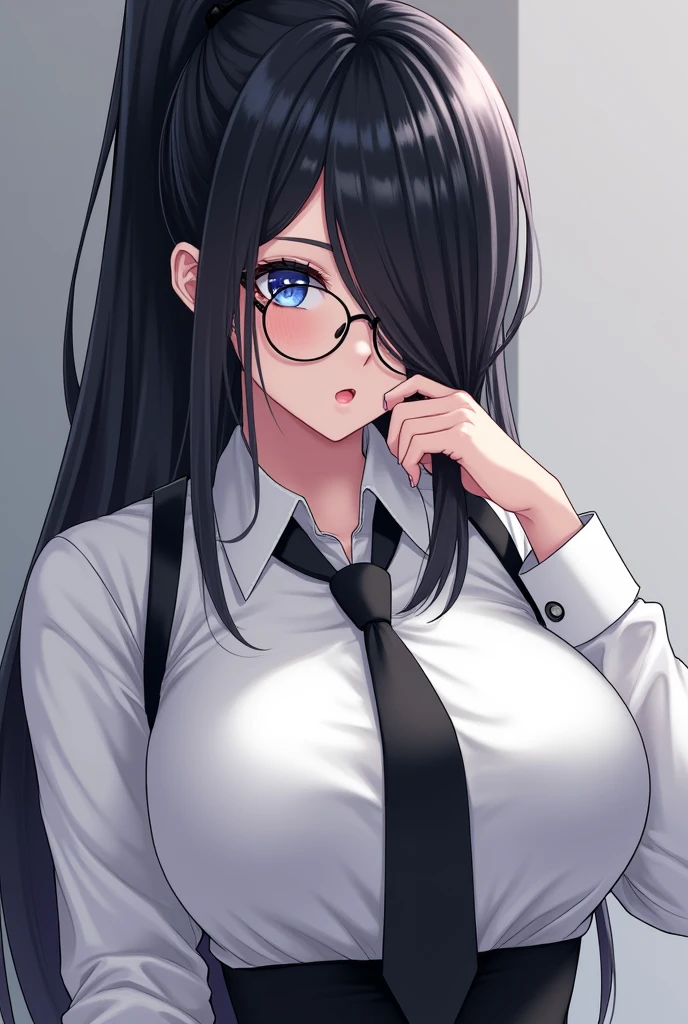 (High quality, 8ก, 4K, high contrast, Masterpiece:1.2, 最High quality, The best aesthetics ), beauty, very detailed, Sexy and erotic girls, (big breasts, long black hair , High ponytail , My face covers one eye. , blue eyes ) , Girl 1 , white shirt , black skirt , Black tie , Wear round glasses , Height 166 , Gentle face