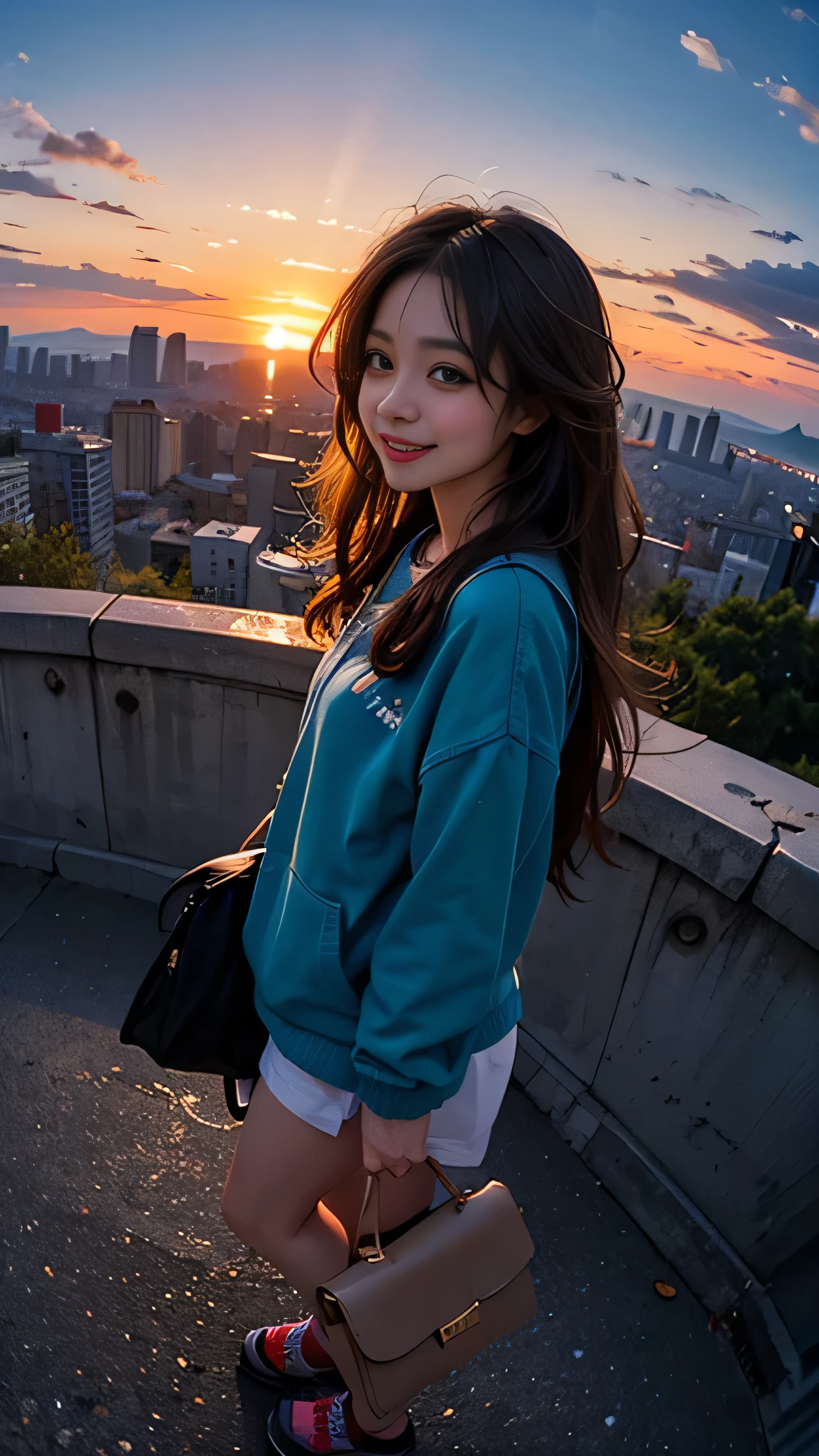 One girl, Korean, Fisheye Lens, Selfie, Wind, Messy Hair, sunset, Cityscape, (Aesthetics and atmosphere:1.2),smile