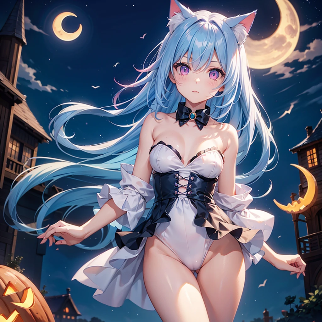 (Sky blue hair),(Medium Hair), (Pink Eyes),Fair skin) ,(whole body),(One Girl),(Crescent Moon),(There are lots of pumpkin ghosts in the background),Cat ear,Cat clothes,Cat's Tail,Ahegao,(If you don't give me sweets, I'll play a prank on you.),Halloween Night Party),(masterpiece, Highest quality, Very detailed, Best Shadow), (Detailed Background), (Beautifully detailed face), High Contrast, (Best lighting, Very delicate and beautiful), ((Cinematic Light)), Hyper Detail,8k, Dramatic Light, Intricate details,night,(Bats flying in the background),Pumpkin handbag,There are sweets in the bag,