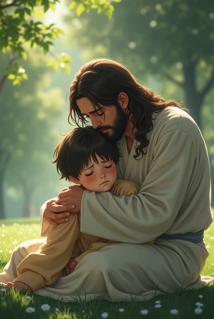 (A boy anime crying and lying on jesus lap )(jesus trying to pamper her)in the park